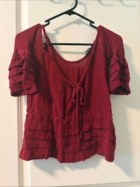 American Eagle Outfitters Burgundy Ruffle Cold Shoulder Tie-Front Blouse